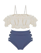 LuckeLadybug beugel bikini set featuring a ruffled off-shoulder top and high-waisted bottom with cut-out details