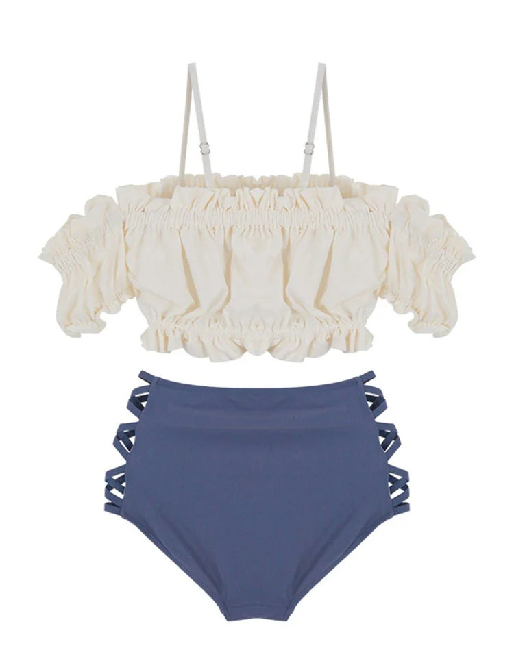 LuckeLadybug beugel bikini set featuring a ruffled off-shoulder top and high-waisted bottom with cut-out details
