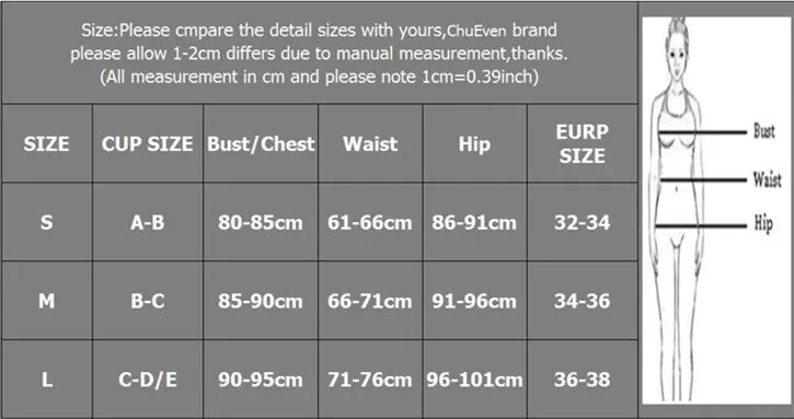Size chart for LuckeLadybug beugel bikini set showing measurements for bust, waist, and hip