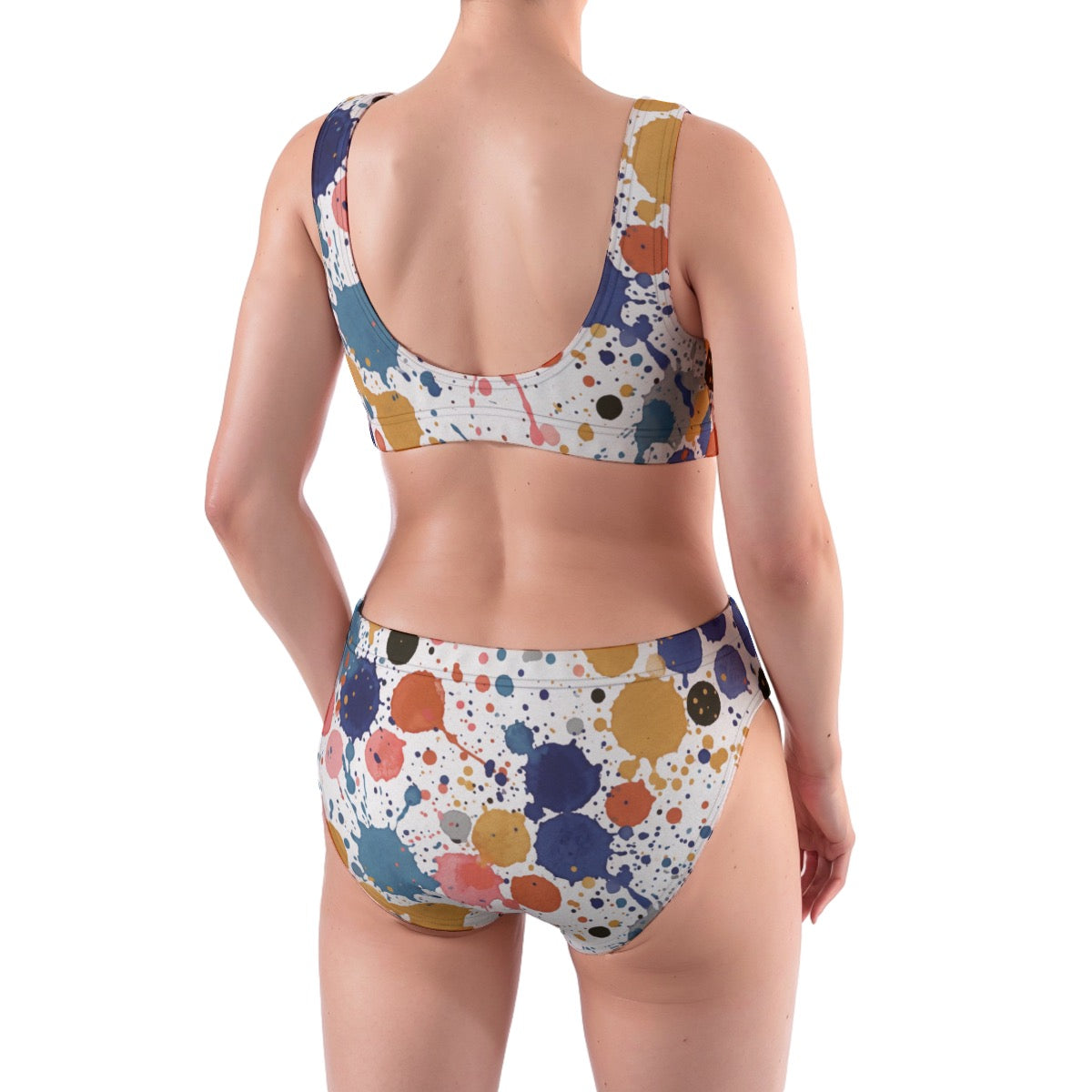LuckeLadybug beugel bikini set in colorful splatter design with a stylish back view