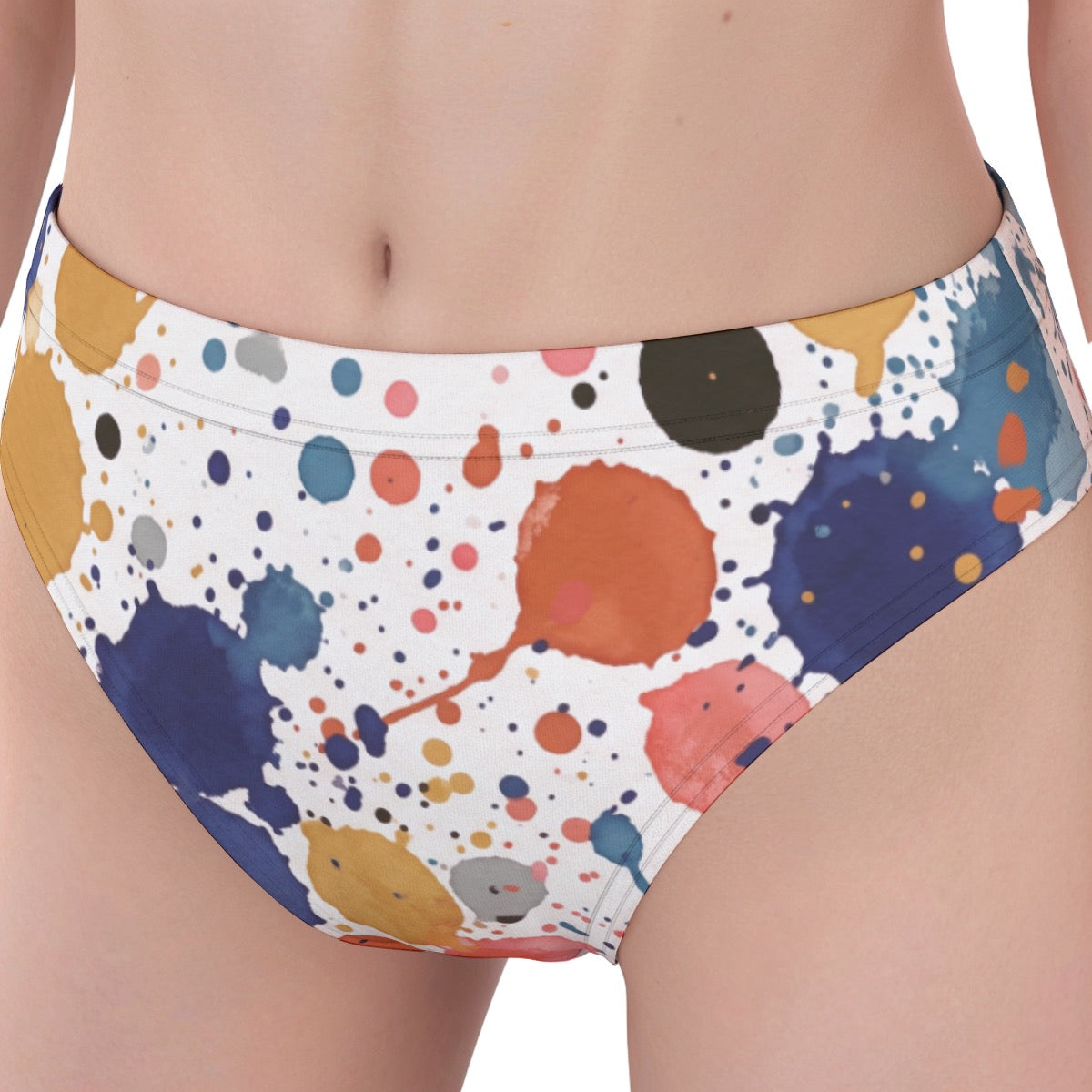 LuckeLadybug beugel bikini set featuring a colorful splatter print on high-waisted bikini bottoms