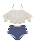 LuckeLadybug LLC beugel bikini set in cream and navy with ruffled top and high-waisted bottoms