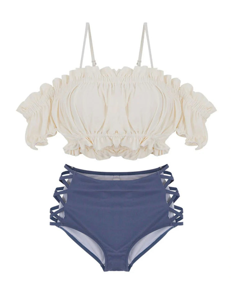 LuckeLadybug LLC beugel bikini set in cream and navy with ruffled top and high-waisted bottoms