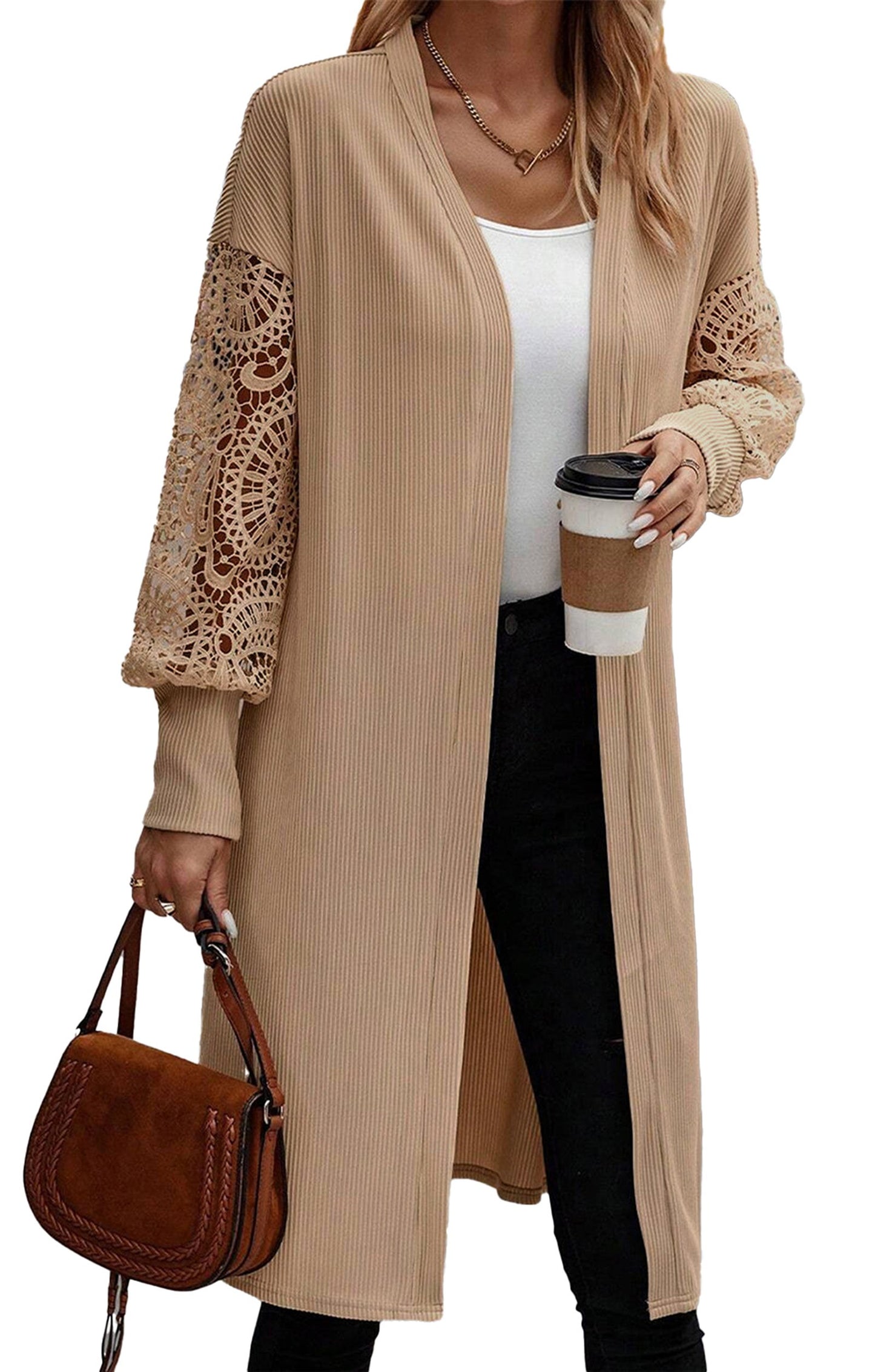 Ribbed Knit Open Front Duster Cardigan