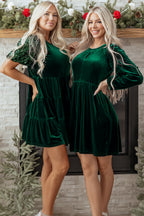 Emerald Green Velvet Mini Dress Puff Sleeves
