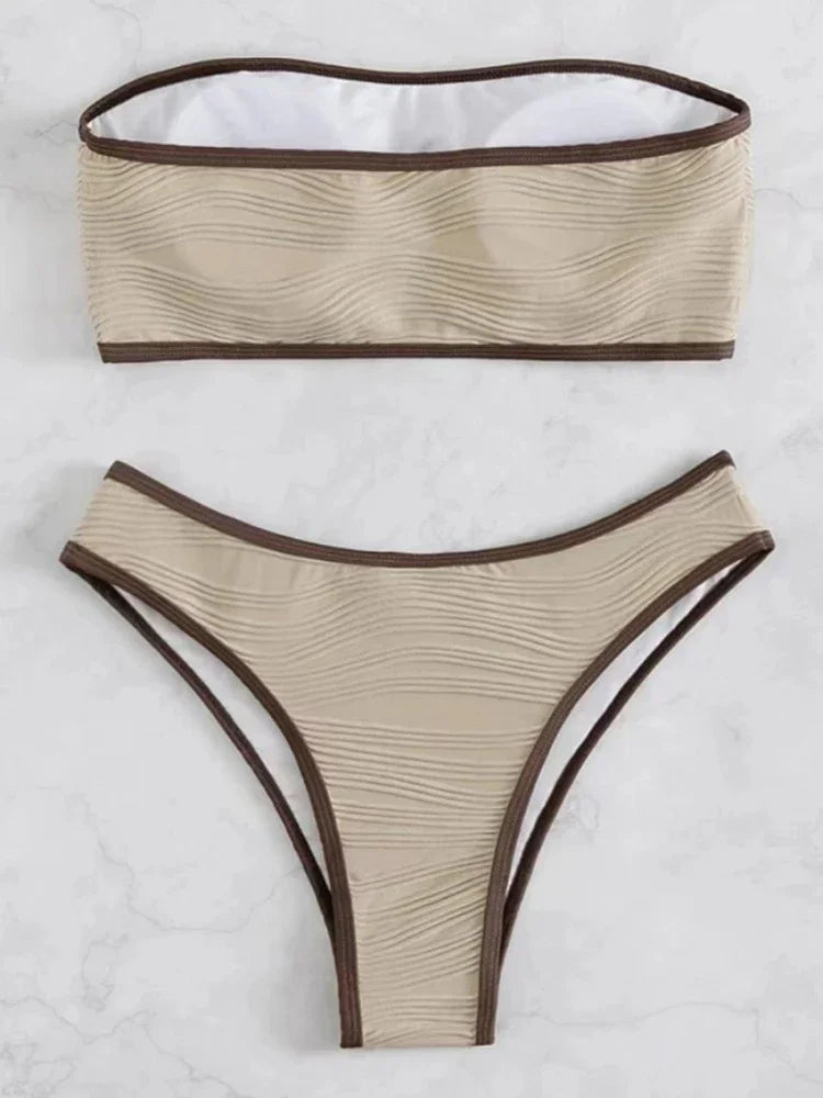 LuckeLadybug LLC Beige Ribbed Bikini Set with Brown Trim for Stylish Beachwear