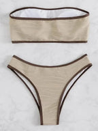 LuckeLadybug LLC Beige Ribbed Bikini Set with Brown Trim for Stylish Beachwear