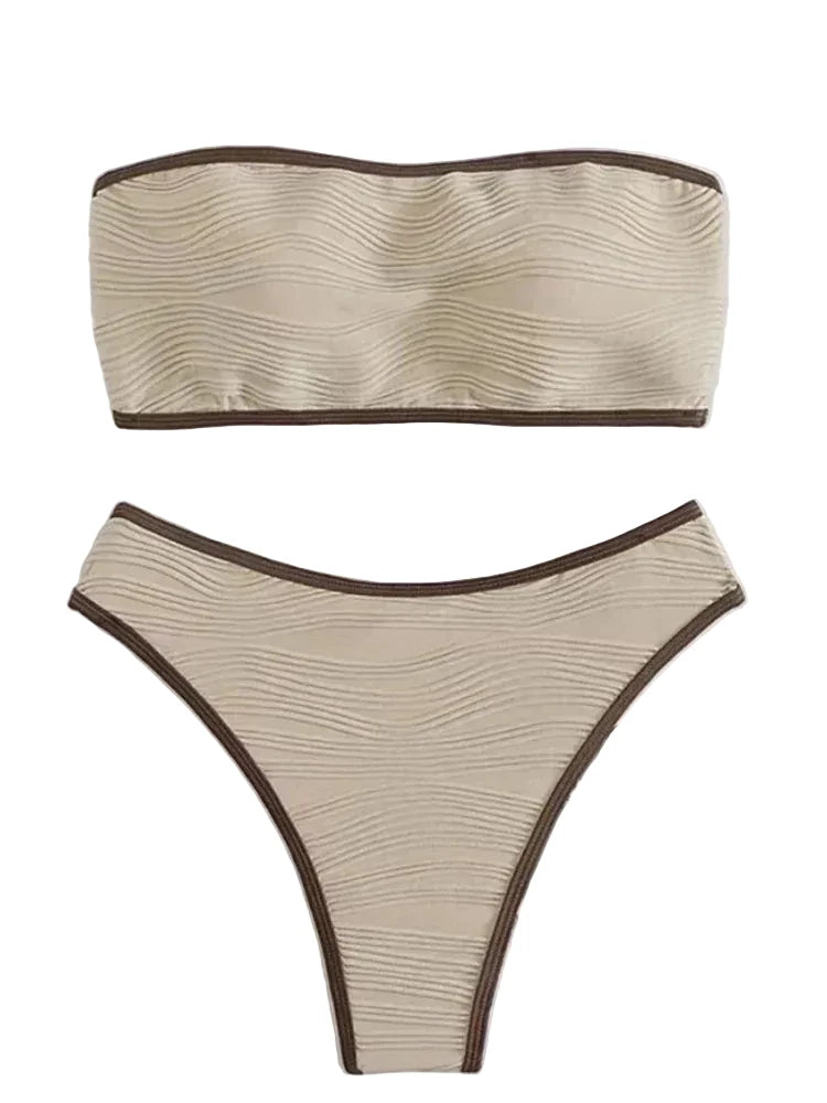 LuckeLadybug LLC Strapless Bikini Set in Beige with Textured Design and Brown Trim