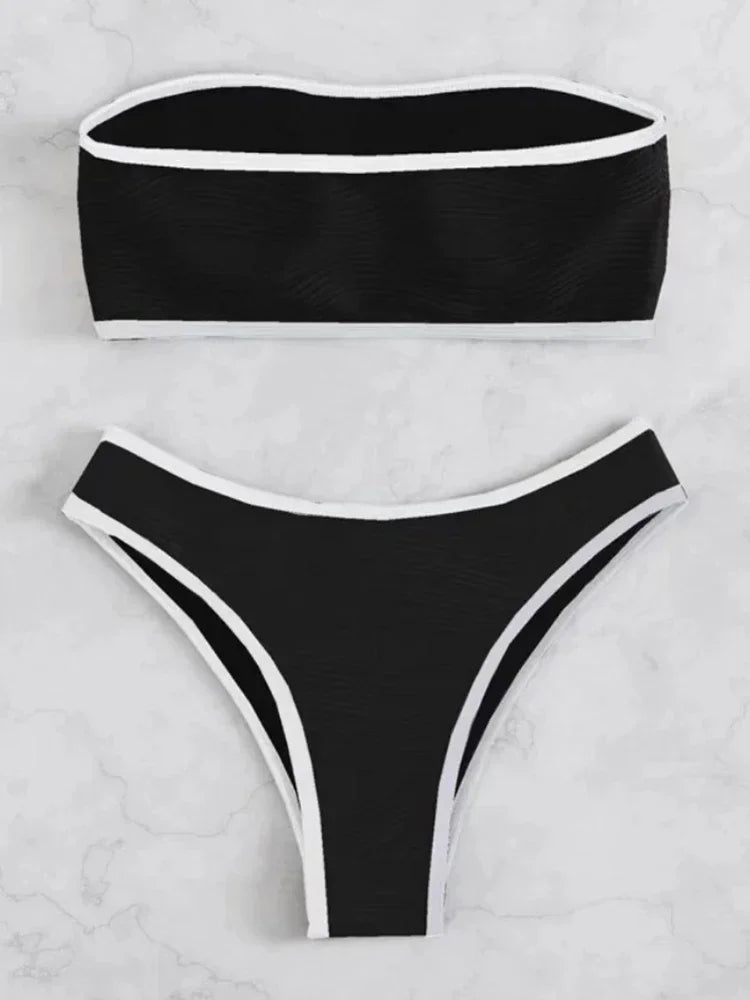LuckeLadybug LLC Black Bikini Set with White Trim for Stylish Summer Wear