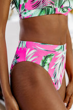 LuckeLadybug LLC High-Waisted Bikini Bottoms in Pink with Tropical Leaf Print for a Stylish Summer Look