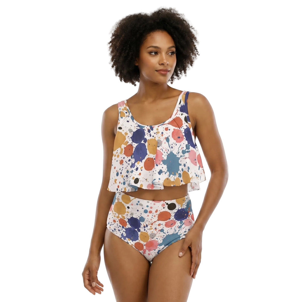 LuckeLadybug Bikini Polka Dot Set with Flowy Top and High-Waisted Bottom for Stylish Beachwear