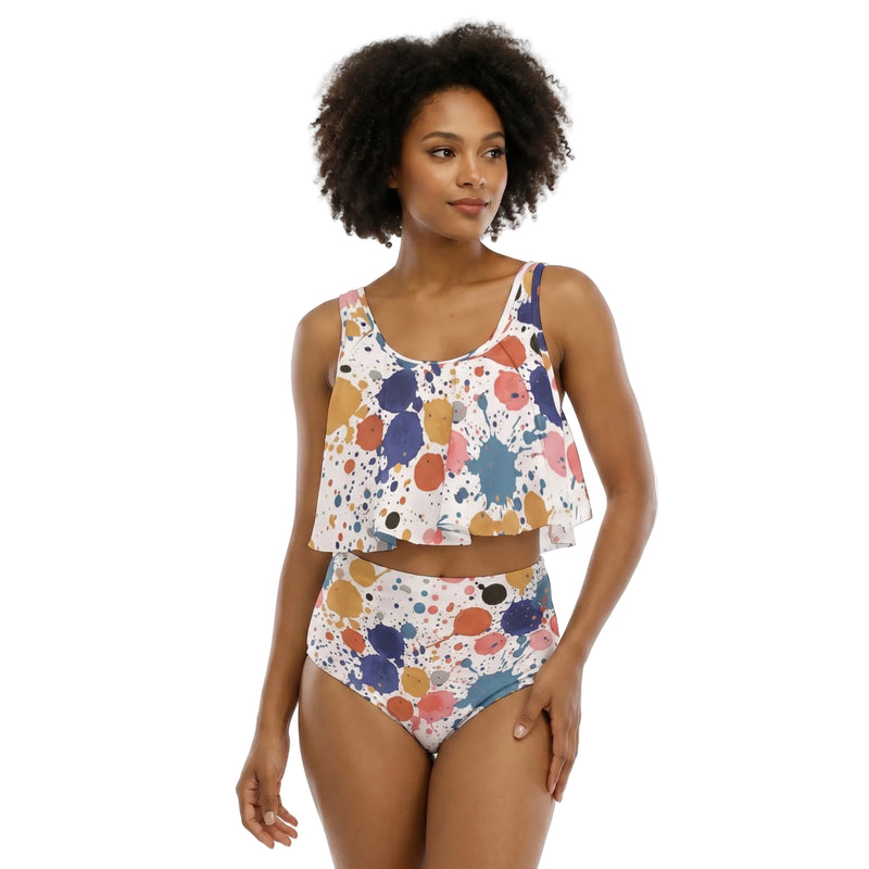 LuckeLadybug Bikini Polka Dot Set with Flowy Top and High-Waisted Bottom for Stylish Beachwear
