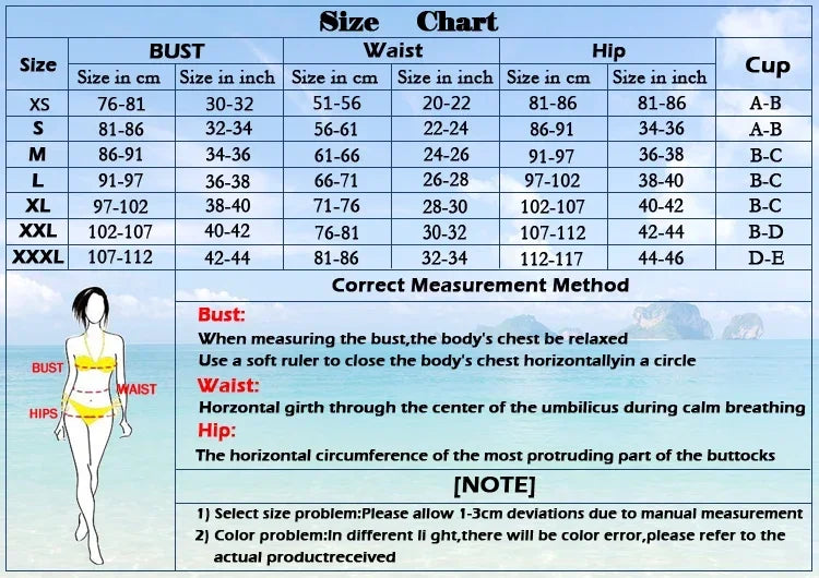 LuckeLadybug Bikini Size Chart for Accurate Fitting in BUST, Waist, Hip, and Cup Measurements