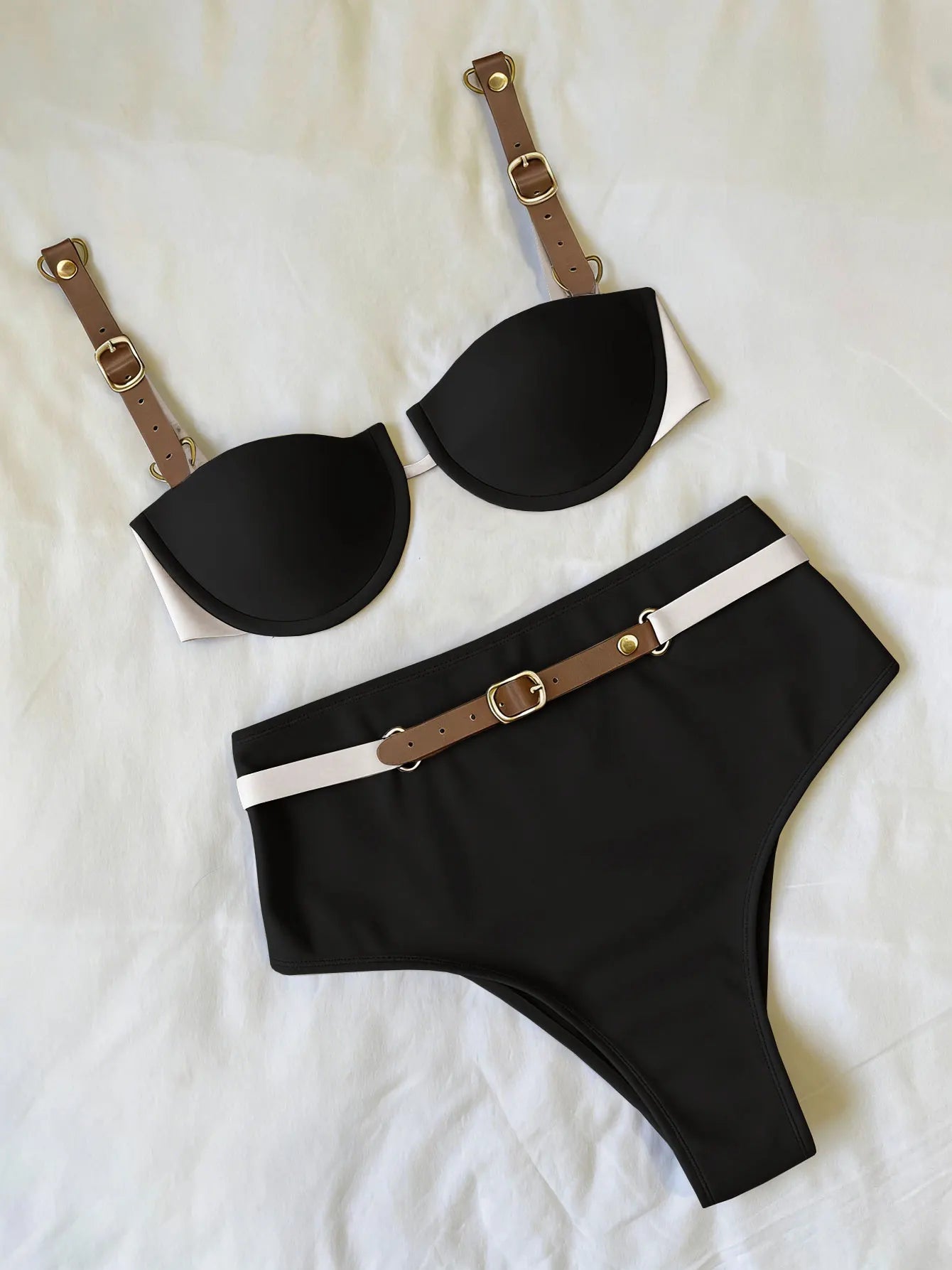 LuckeLadybug LLC bikini with high waist in black with stylish belt detail and adjustable straps