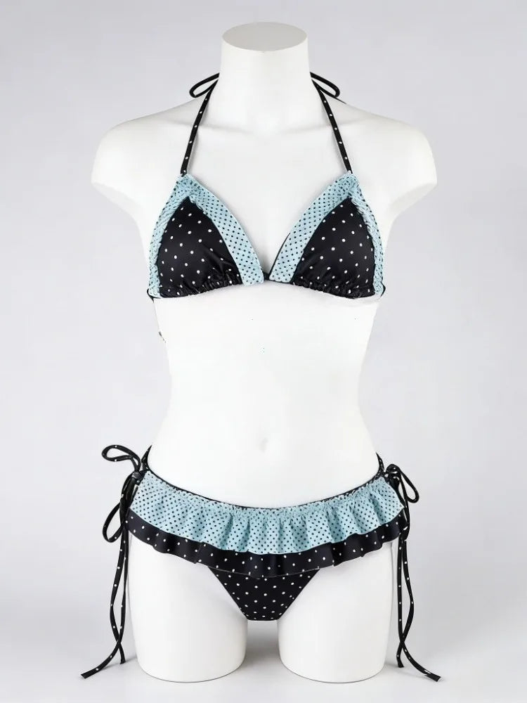 LuckeLadybug LLC bikini with high waist in black and aqua polka dot pattern, featuring adjustable ties