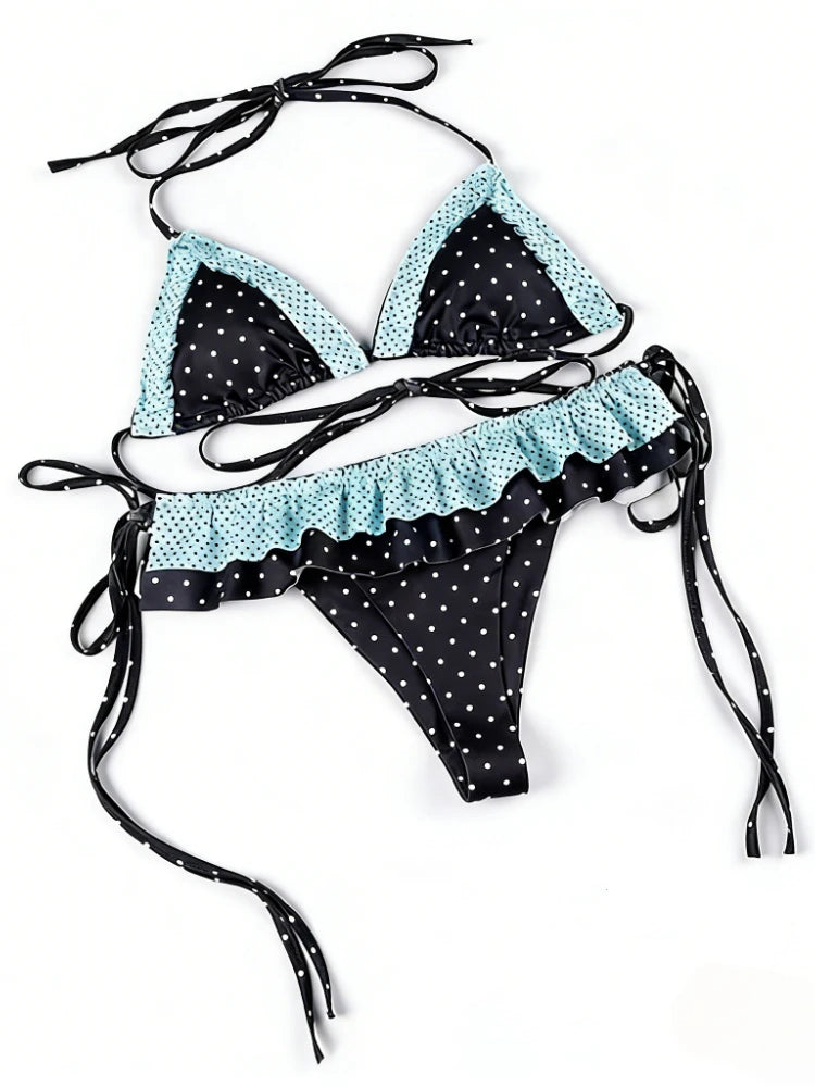 LuckeLadybug bikini with high waist featuring polka dots and ruffled design for stylish beach wear