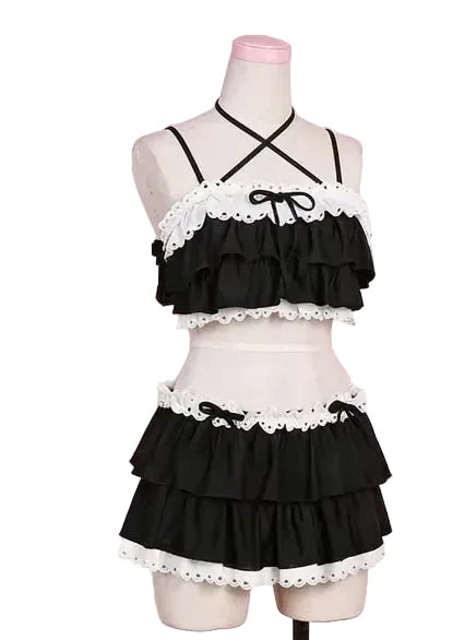 LuckeLadybug LLC black bikini with high waist featuring ruffles and adjustable straps