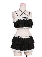 LuckeLadybug LLC black bikini with high waist featuring ruffles and adjustable straps