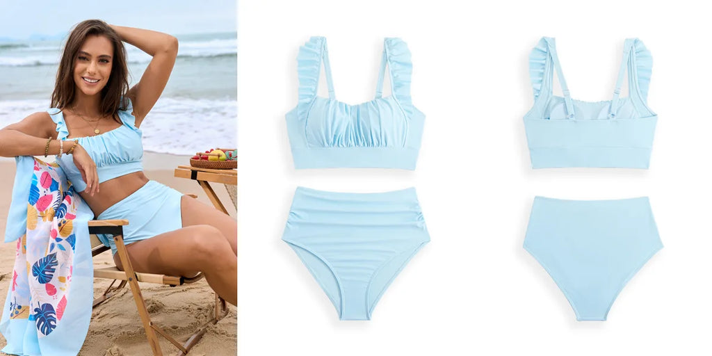 LuckeLadybug LLC bikini with high waist in pastel blue for a stylish beach look