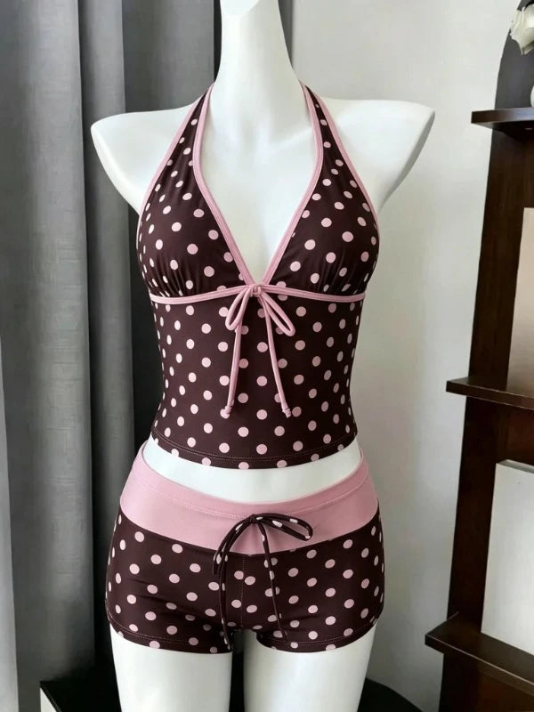 LuckeLadybug LLC bikini with high waist in brown with pink polka dots, featuring a halter top design