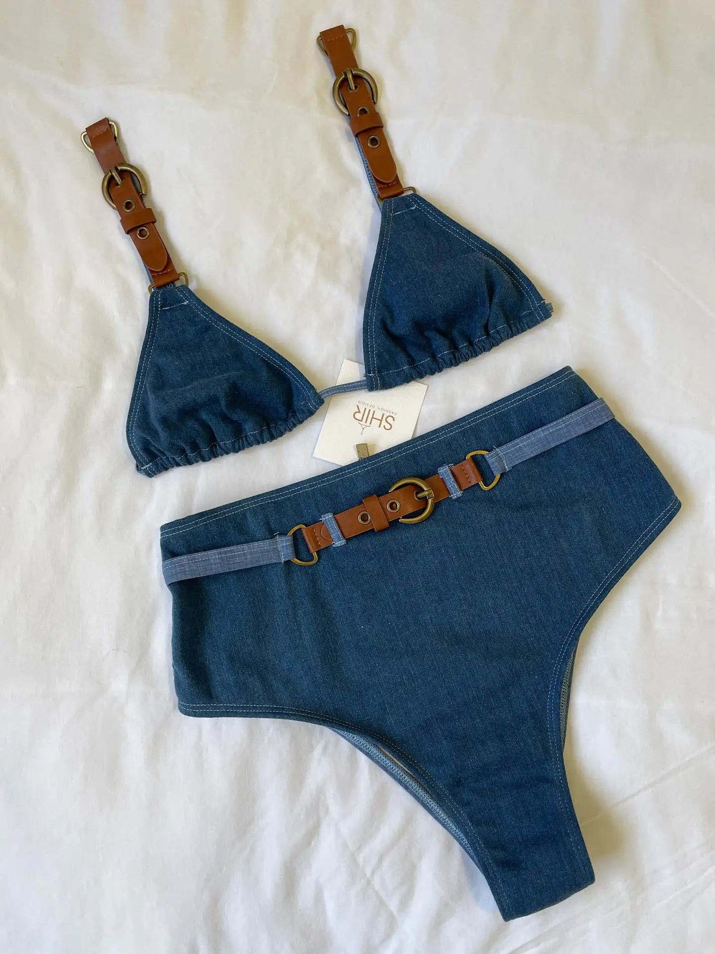 LuckeLadybug LLC bikini with high waist and trendy denim design featuring adjustable straps