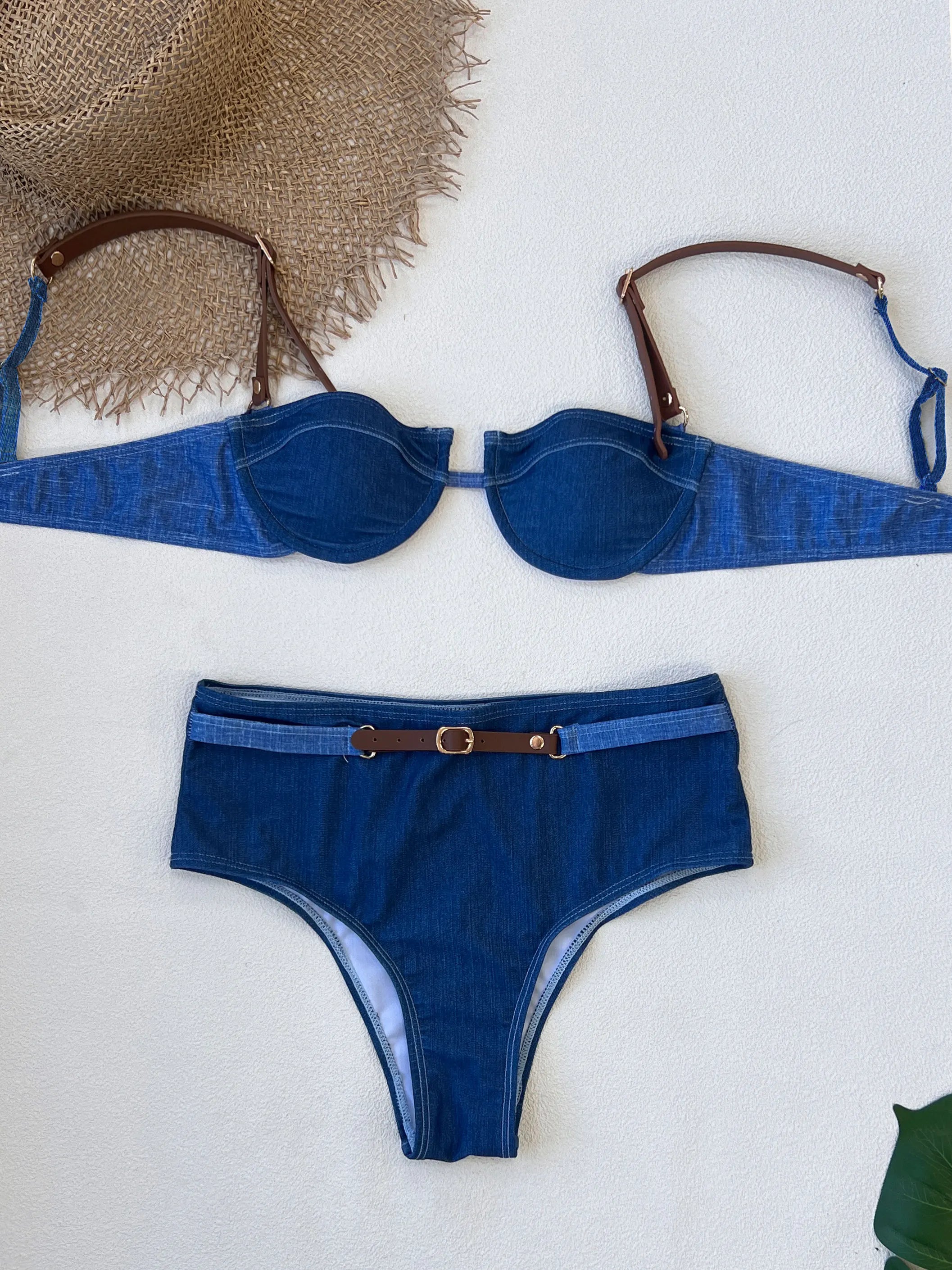 LuckeLadybug LLC bikini with high waist featuring a stylish denim design and adjustable straps