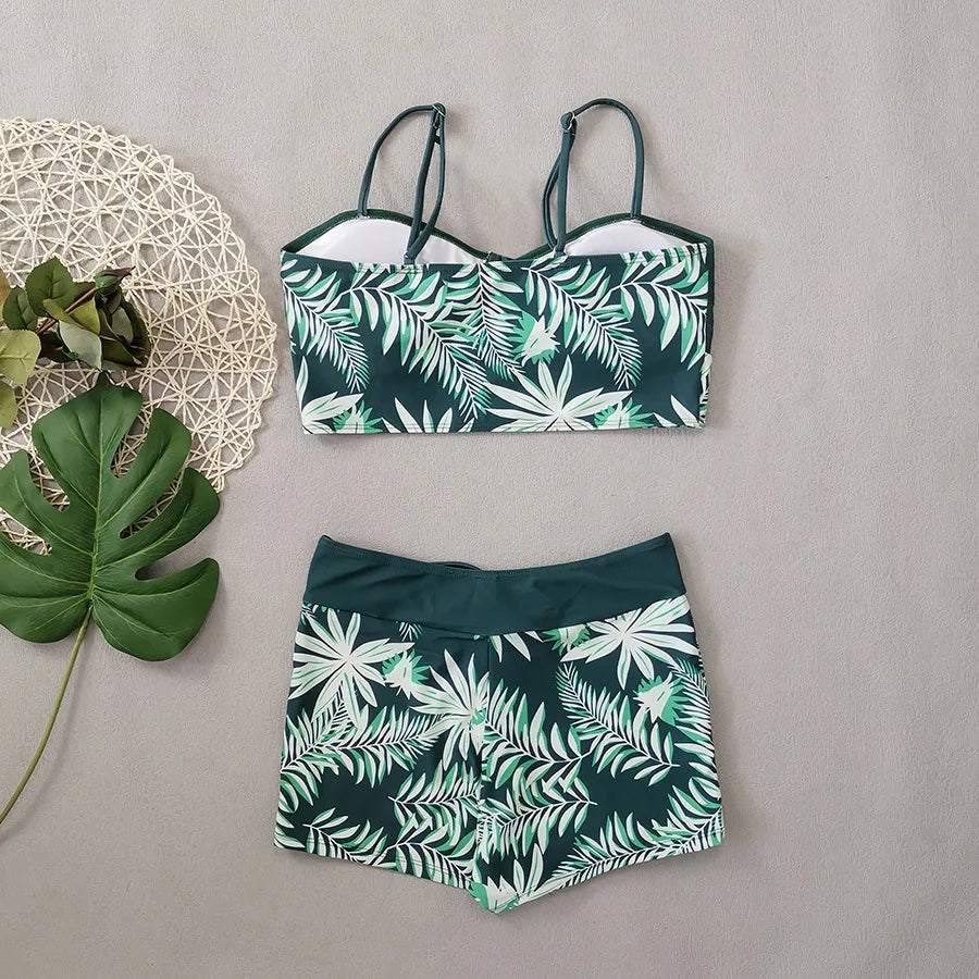 LuckeLadybug LLC bikini with high waist featuring tropical leaf print for stylish summer wear