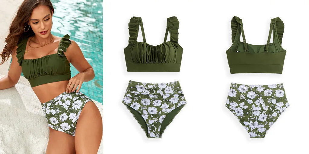 LuckeLadybug LLC bikini with high waist in olive green and floral patterns with ruffled details