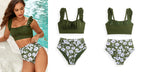 LuckeLadybug LLC bikini with high waist in olive green and floral patterns with ruffled details