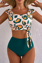 Green Leopard Print U Neck Knotted High Waist Bikini Set