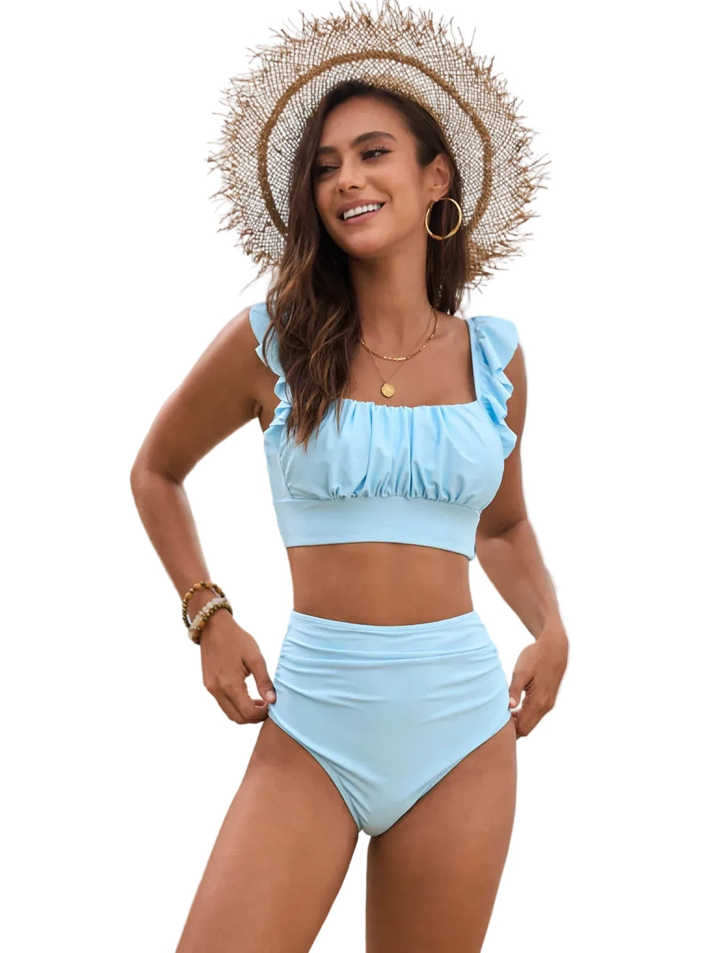 LuckeLadybug High Waist Bikini in Light Blue with Ruffled Top and Stylish Hat
