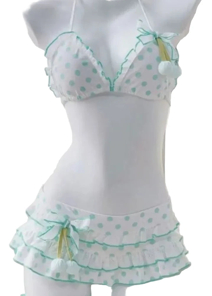 LuckeLadybug LLC bikini with high waist in white with mint polka dots and ruffled design