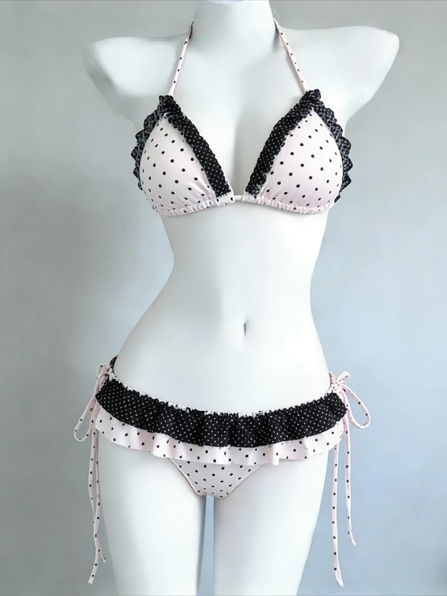 LuckeLadybug bikini with high waist featuring polka dot design and ruffled edges