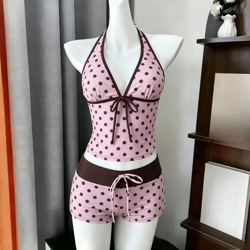 LuckeLadybug LLC bikini with high waist in pink with brown polka dots and matching top