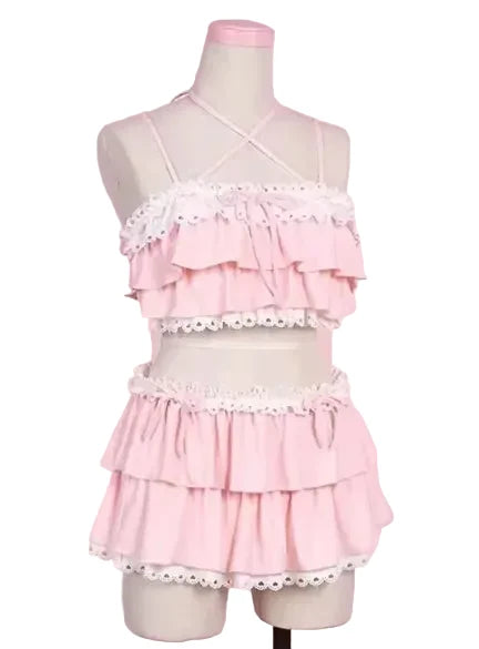 LuckeLadybug LLC pink bikini with high waist featuring ruffled layers and lace details