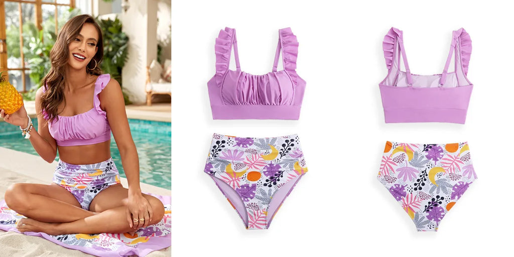 LuckeLadybug LLC bikini with high waist in purple floral design, featuring ruffled top and high-waisted bottoms