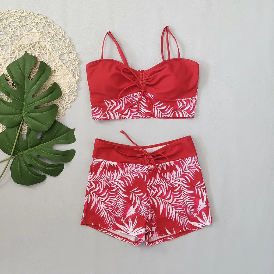 LuckeLadybug LLC Red bikini with high waist and floral patterns, perfect for beach outings