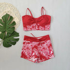 LuckeLadybug LLC Red bikini with high waist and floral patterns, perfect for beach outings