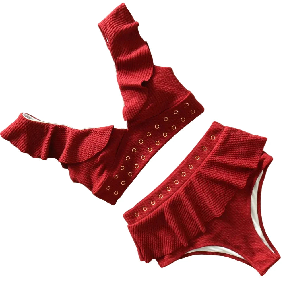 LuckeLadybug LLC Red Bikini with High Waist and Ruffled Details for a Stylish Summer Look