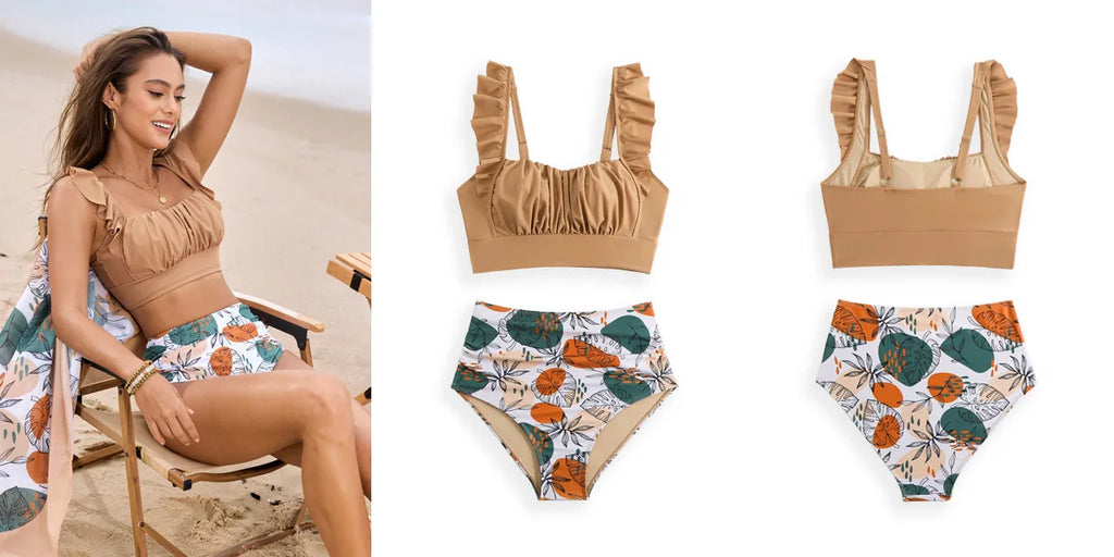 LuckeLadybug high waist bikini with stylish ruffled top and floralprint bottoms for a chic beach look