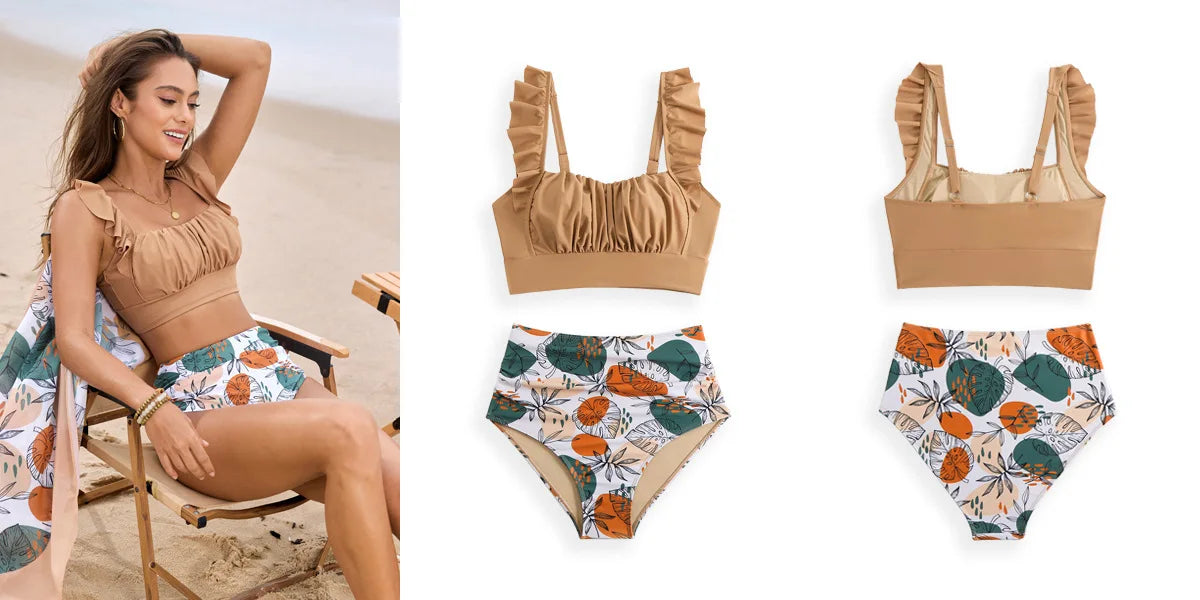 LuckeLadybug high waist bikini with stylish ruffled top and floralprint bottoms for a chic beach look