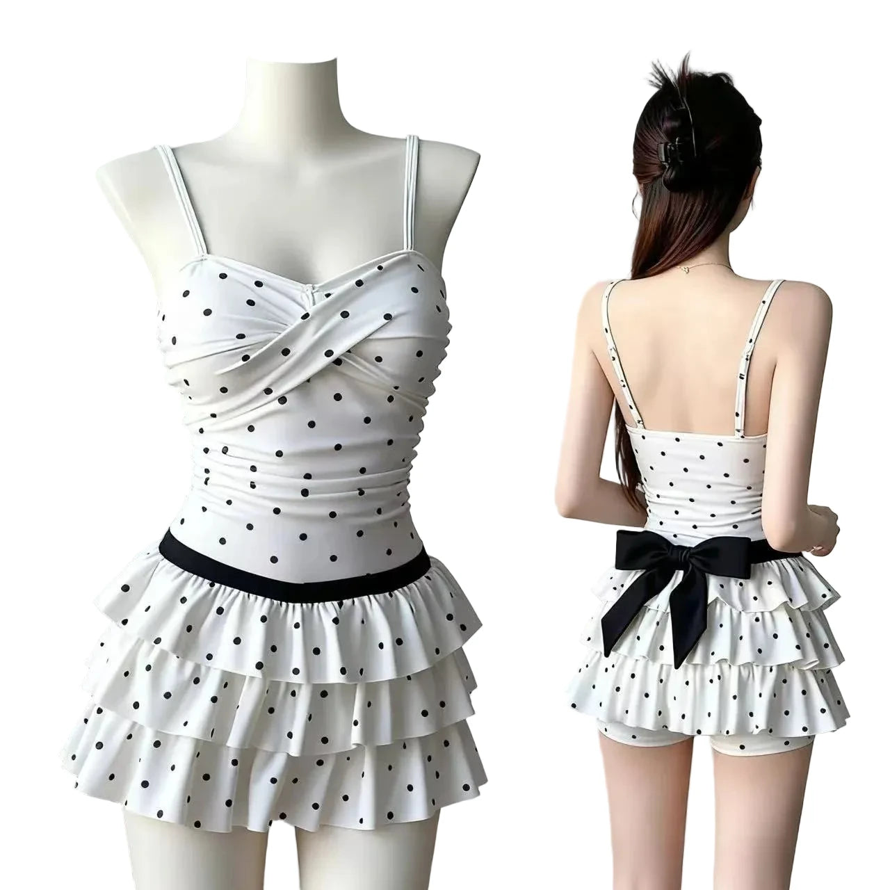 LuckeLadybug LLC bikini with high waist featuring polka dots and ruffles for stylish beachwear