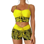 LuckeLadybug LLC bikini with high waist in bright yellow and tropical print for stylish beach wear