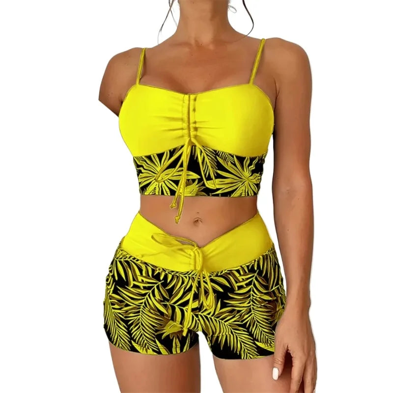 LuckeLadybug LLC bikini with high waist in bright yellow and tropical print for stylish beach wear