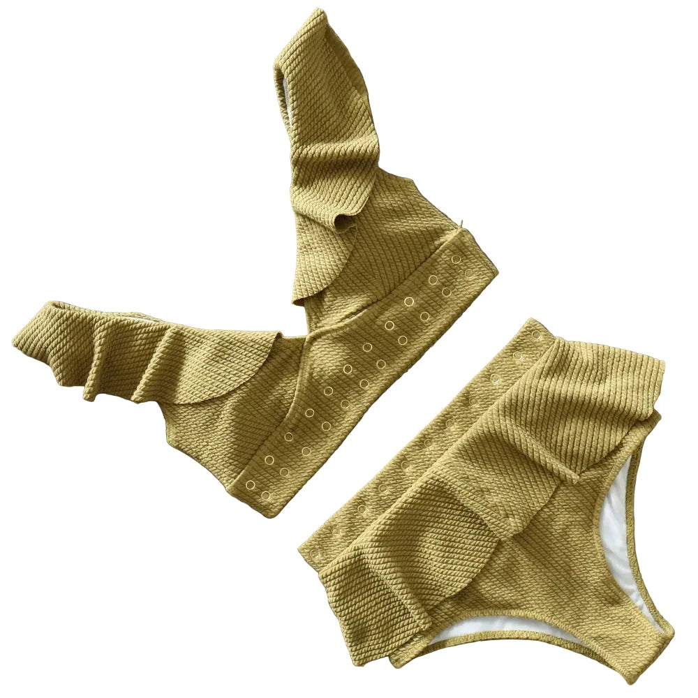 LuckeLadybug LLC bikini with high waist in stylish ruffled design and warm yellow color
