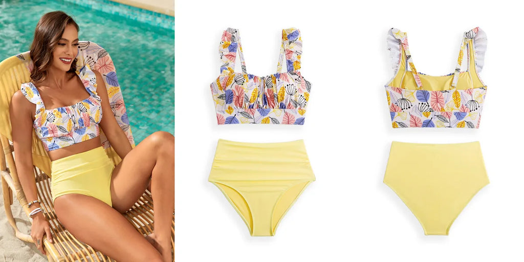 LuckeLadybug LLC bikini with high waist in yellow with colorful patterned top for stylish beachwear