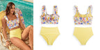 LuckeLadybug LLC bikini with high waist in yellow with colorful patterned top for stylish beachwear