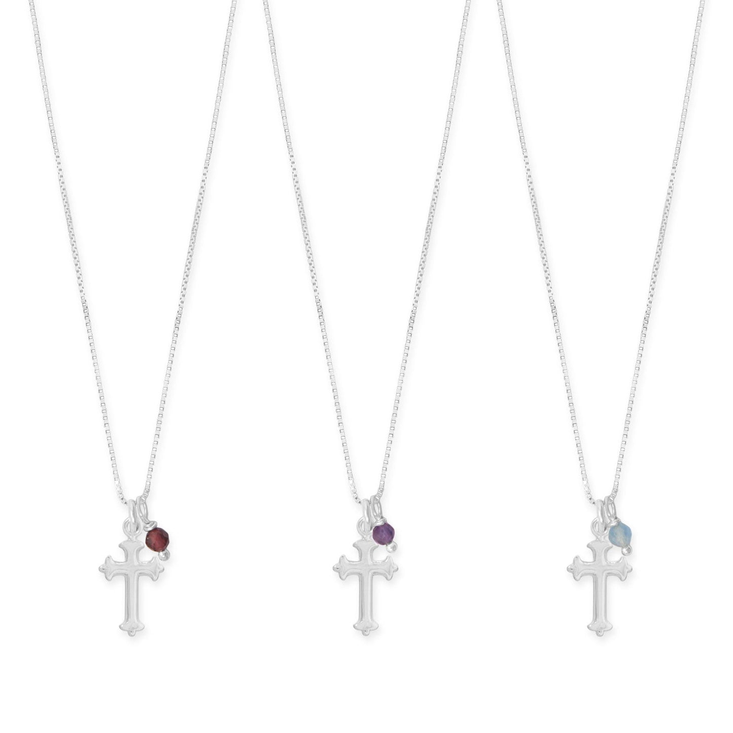 LuckeLadybug LLC birthstone cross necklace in silver with various colored gemstones