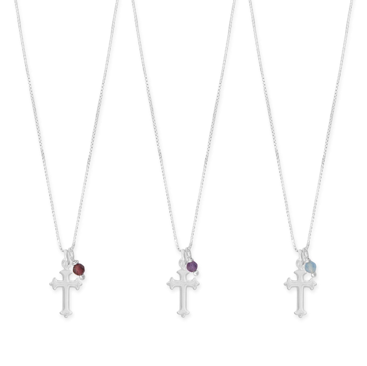 LuckeLadybug LLC birthstone cross necklace in silver with various colored gemstones