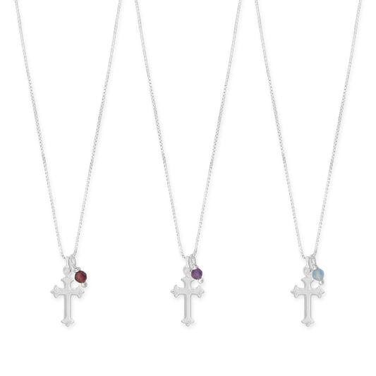 LuckeLadybug LLC birthstone cross necklace in silver with various colored gemstones